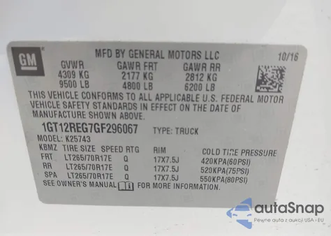 2016 GMC Sierra 2500Hd from USA, damaged, VIN 1GT12REG7GF296067